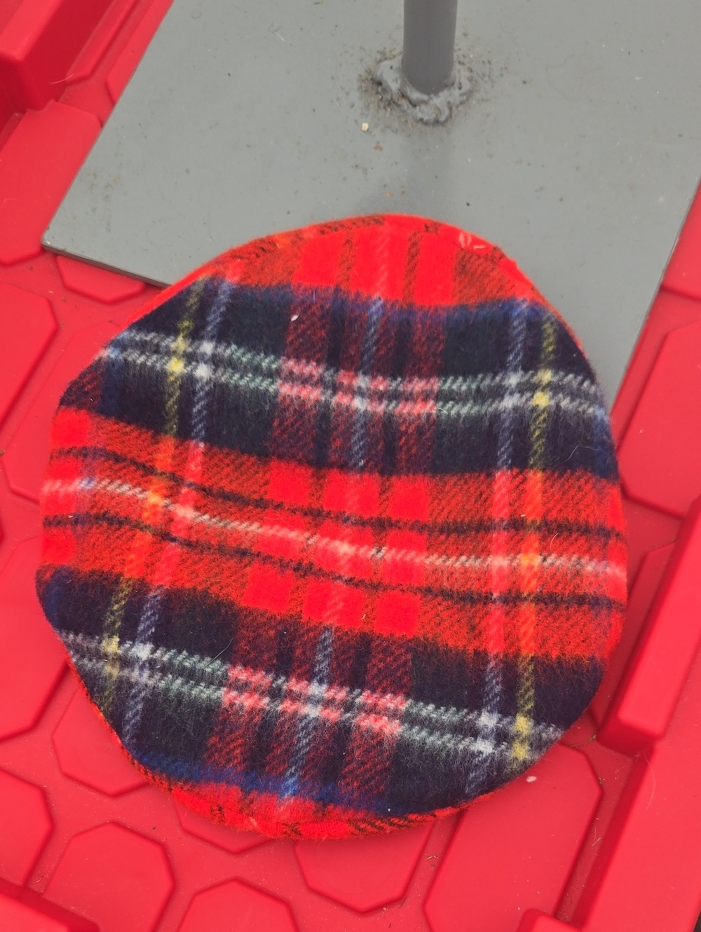 Source Unknown Red and Navy Plaid Beret Hat